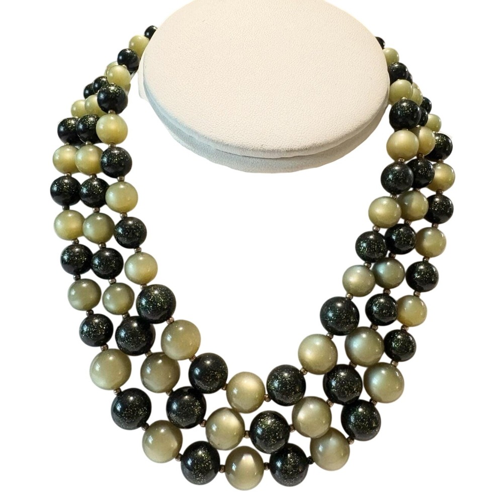 Vintage Trifari Signed Green Plastic Bead 3 Strand 16''- 18'' Necklace 60s Retro